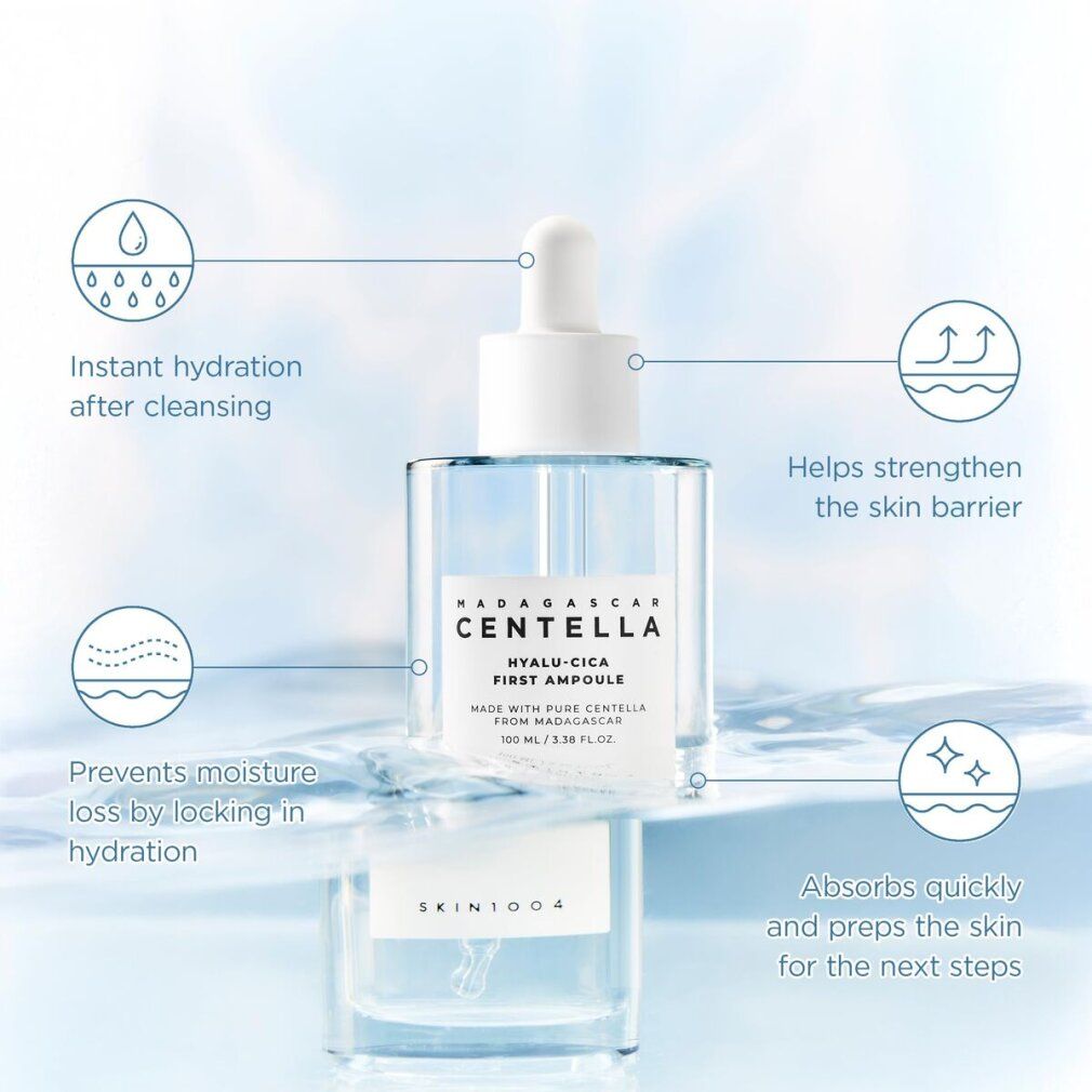 Hyalu-Cica First Ampoule Serum in 50ml Glasflasche mit weißem Pipettenverschluss.