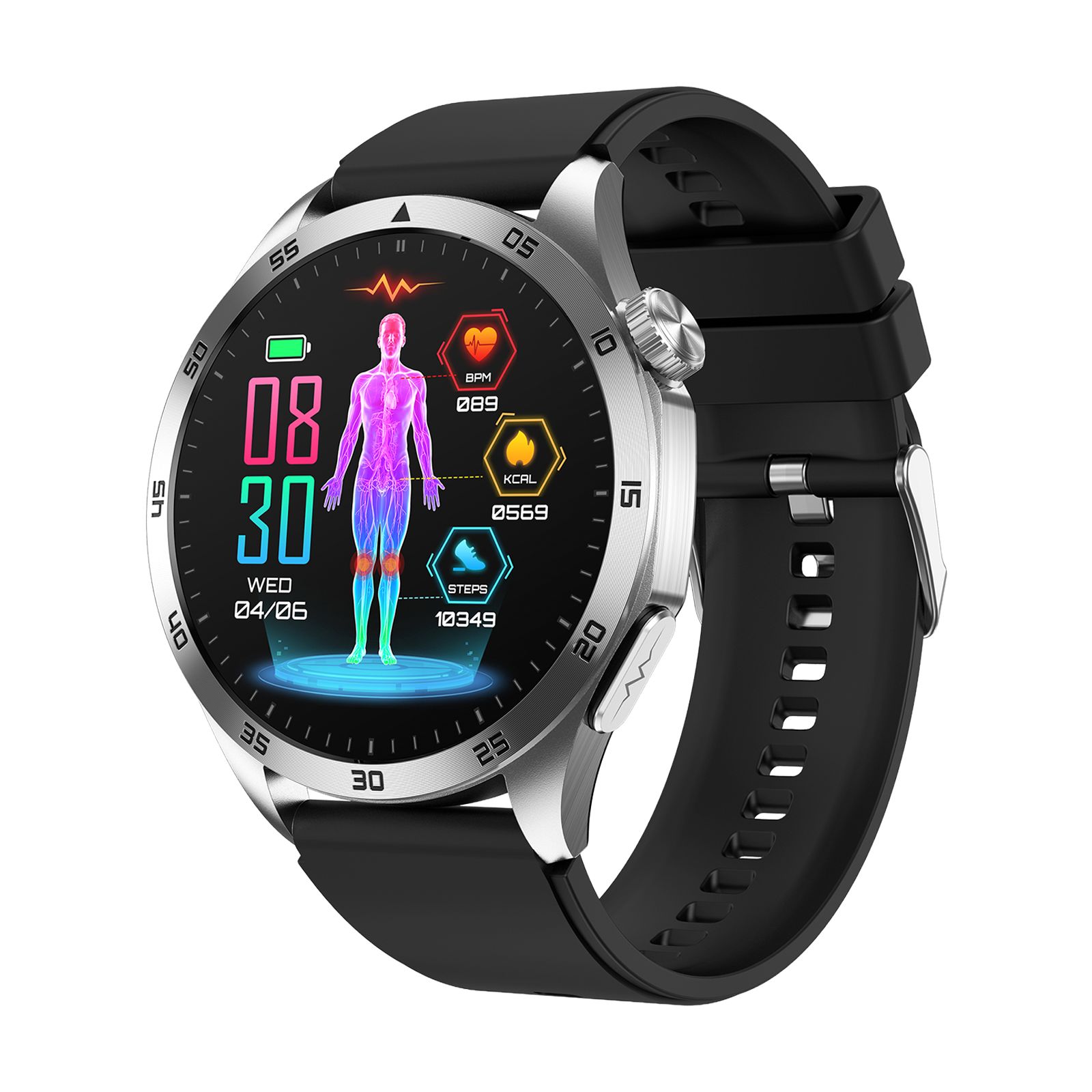 Smartwatch mit rundem Zifferblatt, silbernem Gehäuse und schwarzem Armband. Anzeige mit Gesundheitsdaten, Datum und Uhrzeit.