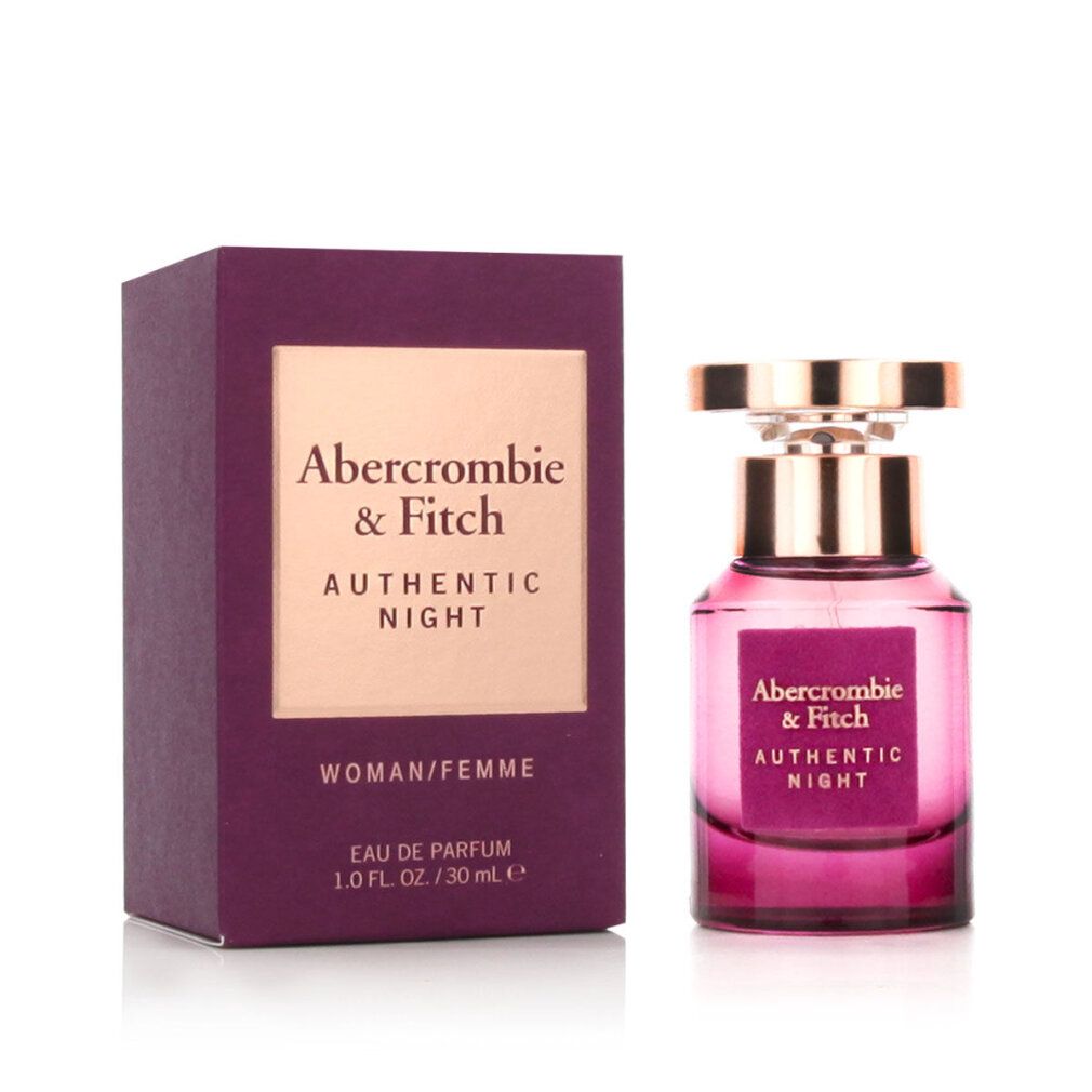 Parfümflakon und Verpackung. Flakon: rosa, goldfarbener Verschluss. Verpackung: dunkelviolett, goldfarbener Schriftzug. "Abercrombie & Fitch".