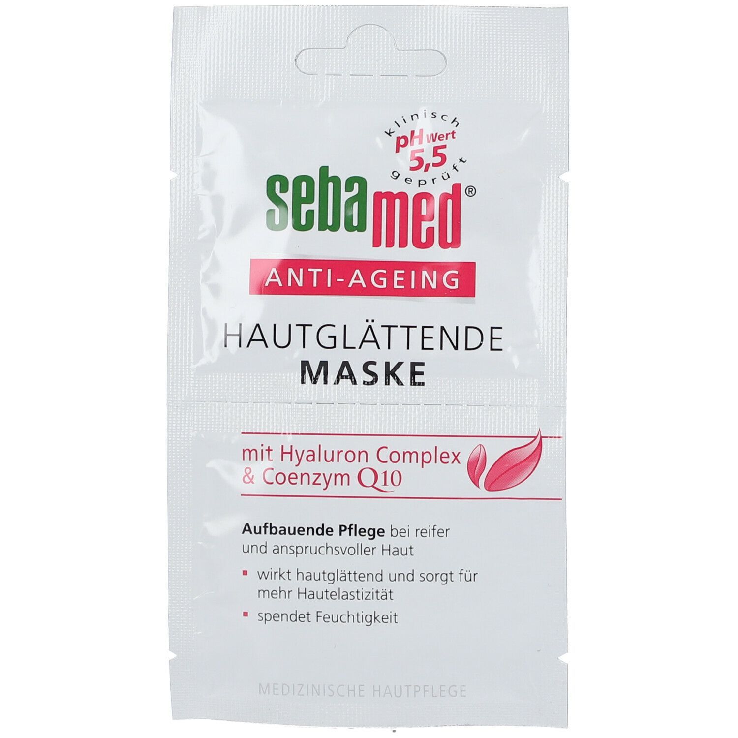 Sebamed Anti-Ageing Maske. Weiße Verpackung mit roter Schrift. Enthält Hyaluron Complex & Coenzym Q10. Klinisch getestet.