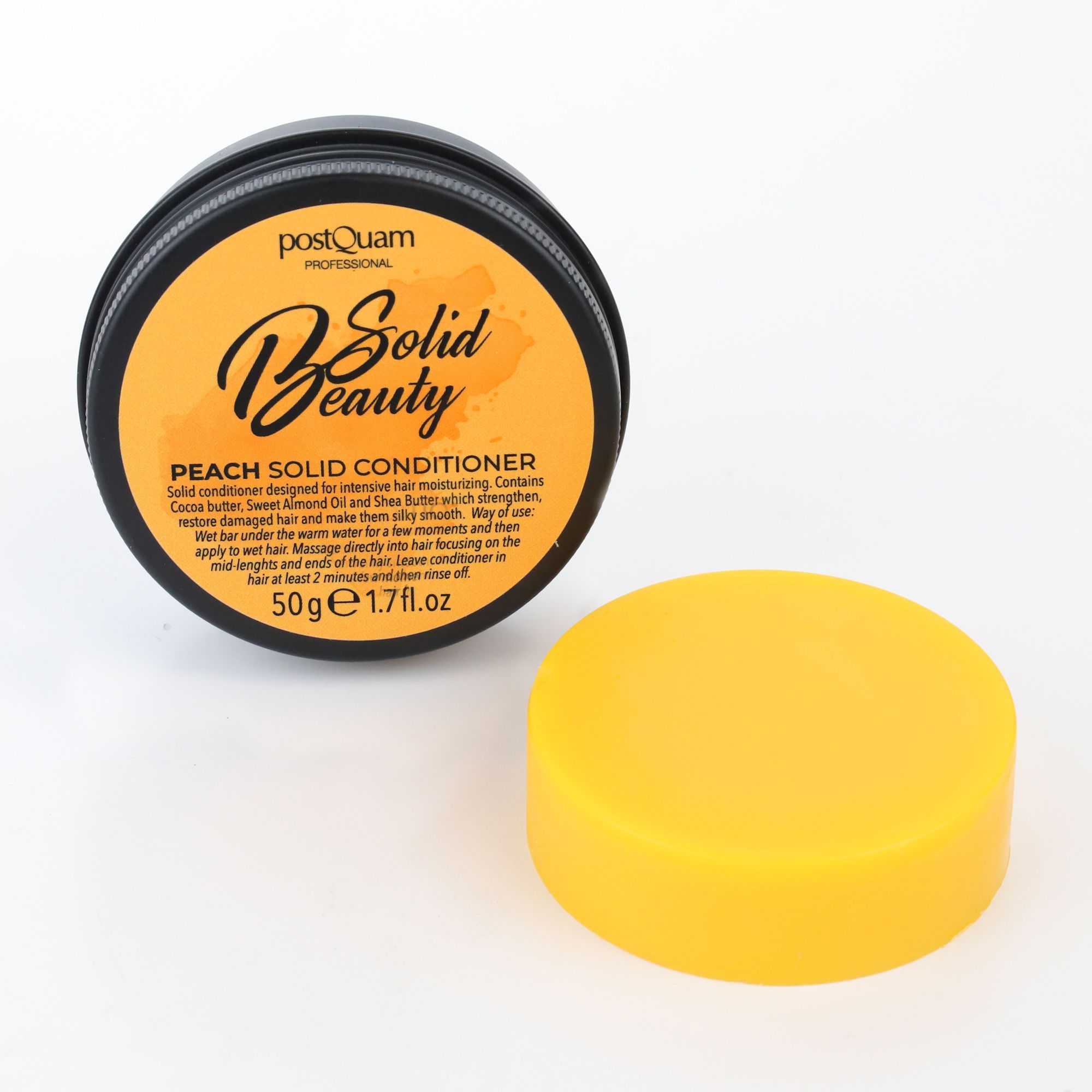 Geöffnete Dose mit gelbem Festspülung. Deckel daneben. Aufschrift "Solid Beauty" und Produktinformationen. Schwarzer Rand.