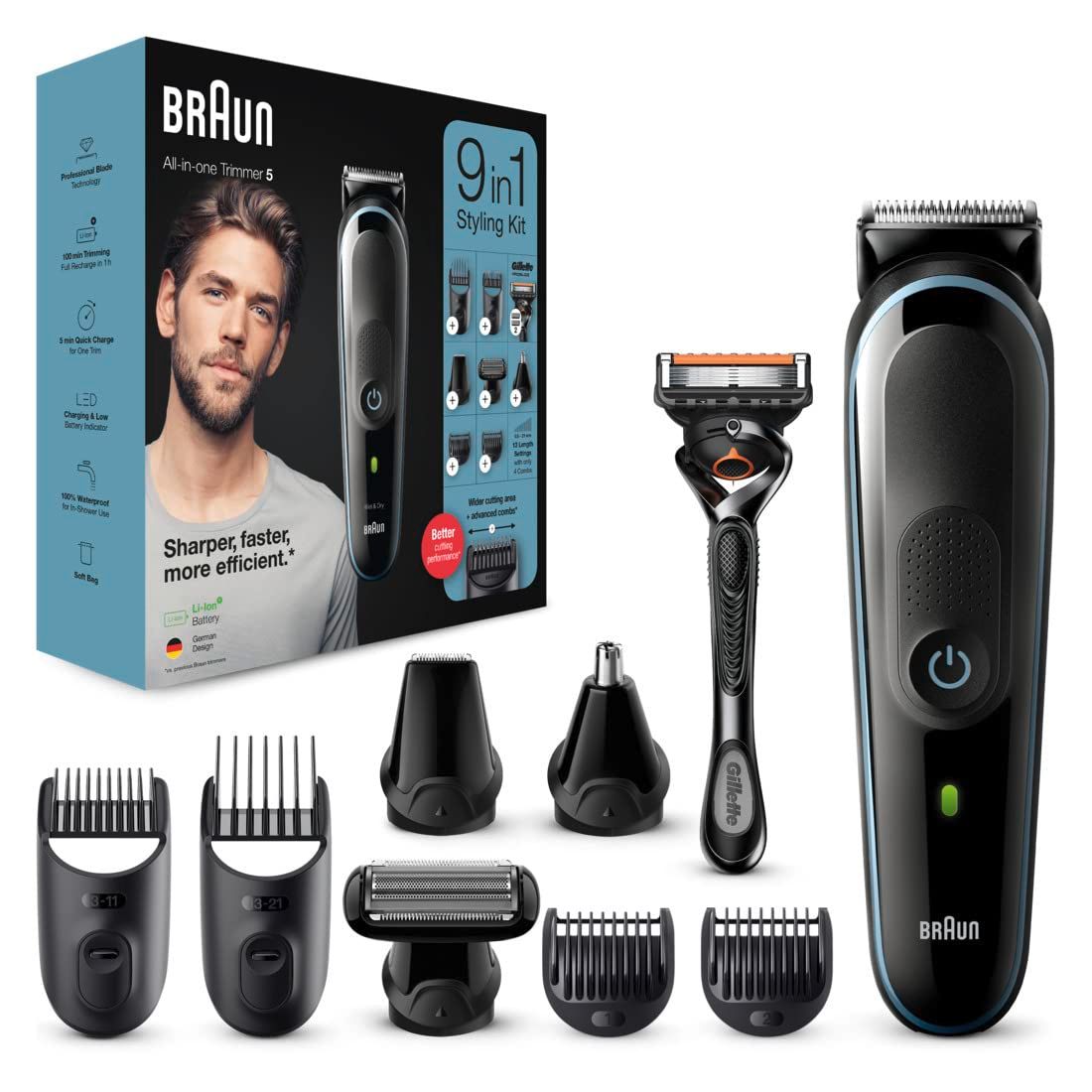 Braun Bart- und Haarschneider-Set mit Zubehör. Enthält Trimmer, Rasierer und Aufsätze. Schwarzes Design, Produktname sichtbar.