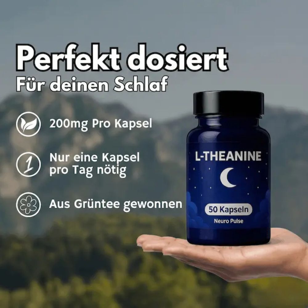 Hand hält eine blaue Flasche mit L-Theanine. Text: 200mg pro Kapsel, nur eine Kapsel pro Tag, aus Grüntee gewonnen.