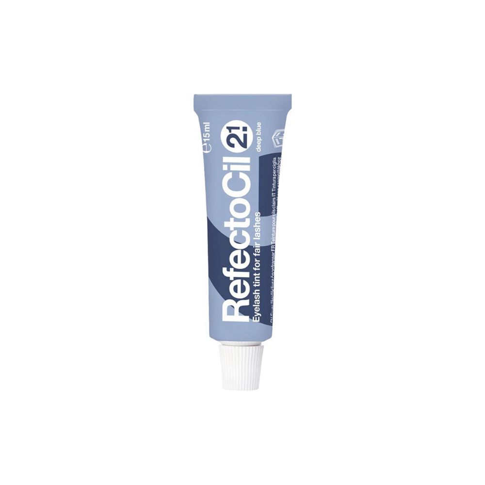 Tube mit Produktnamen und -bezeichnung: RefectoCil 2.1, tiefblau. Weißer Verschluss.