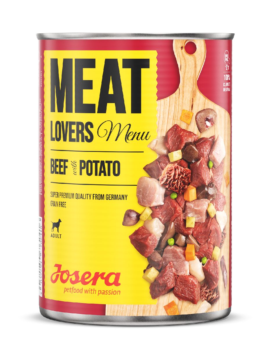 Dose JOSERA Meat Lovers Menu Beef mit Kartoffeln. Rotes Etikett mit Fleisch- und Gemüsestücken. Aufschrift Meat Lovers, Beef & Potato.