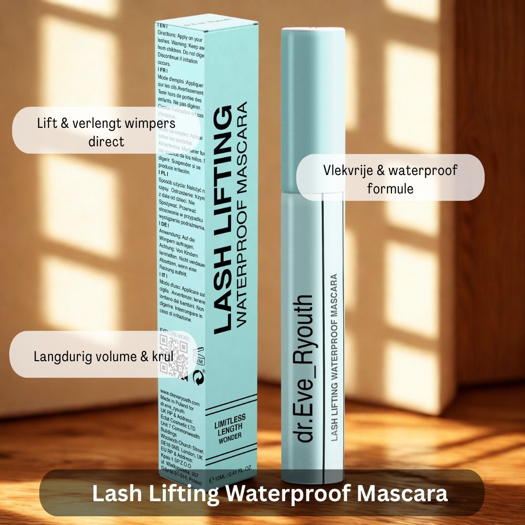Mascara-Verpackung und Flakon. Text: 'Lash Lifting Waterproof Mascara', 'Limitless Length Wonder'.