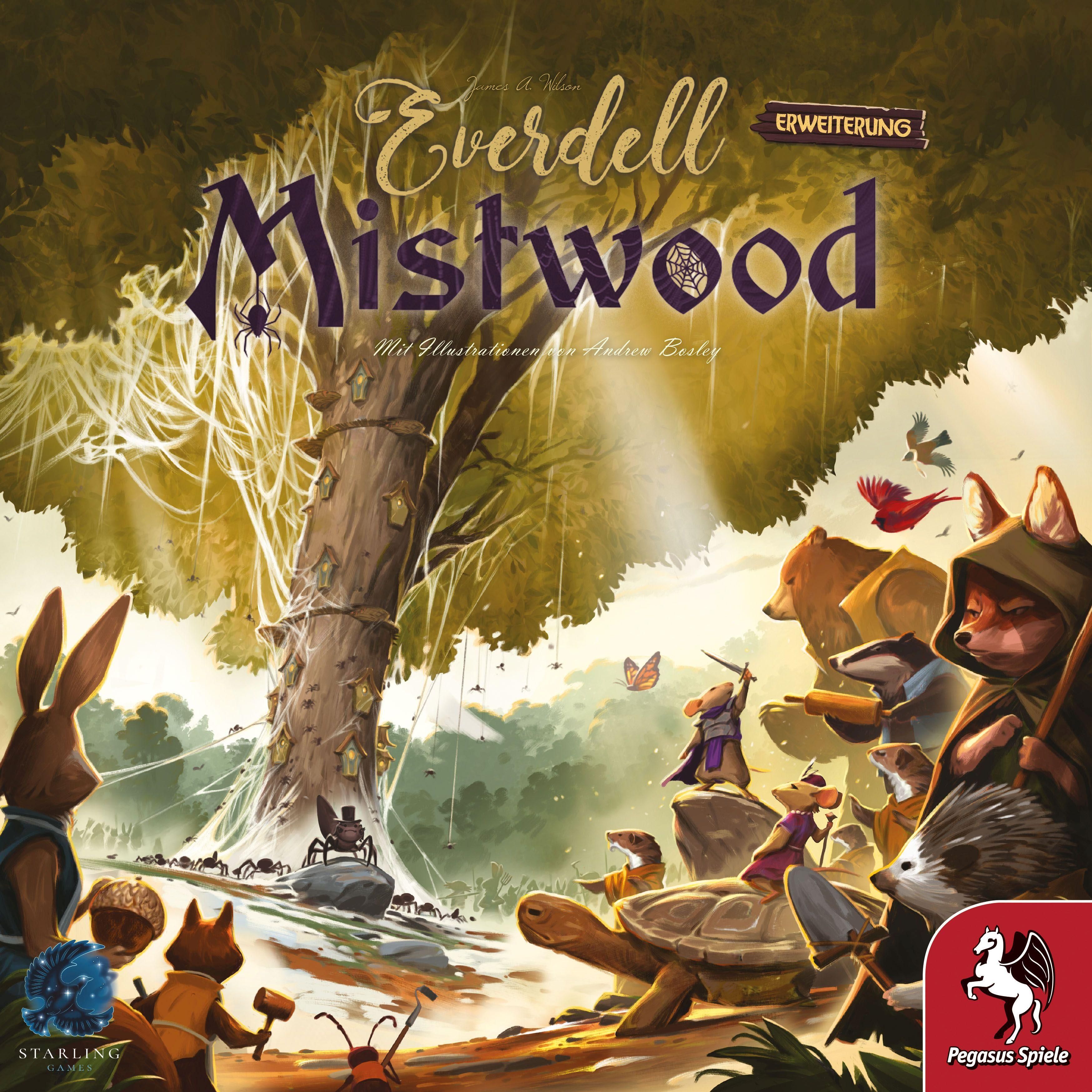 Everdell: Mistwood Spielbox, Nahaufnahme. Waldszene mit Tieren. Erweiterung, Pegasus Spiele Logo.