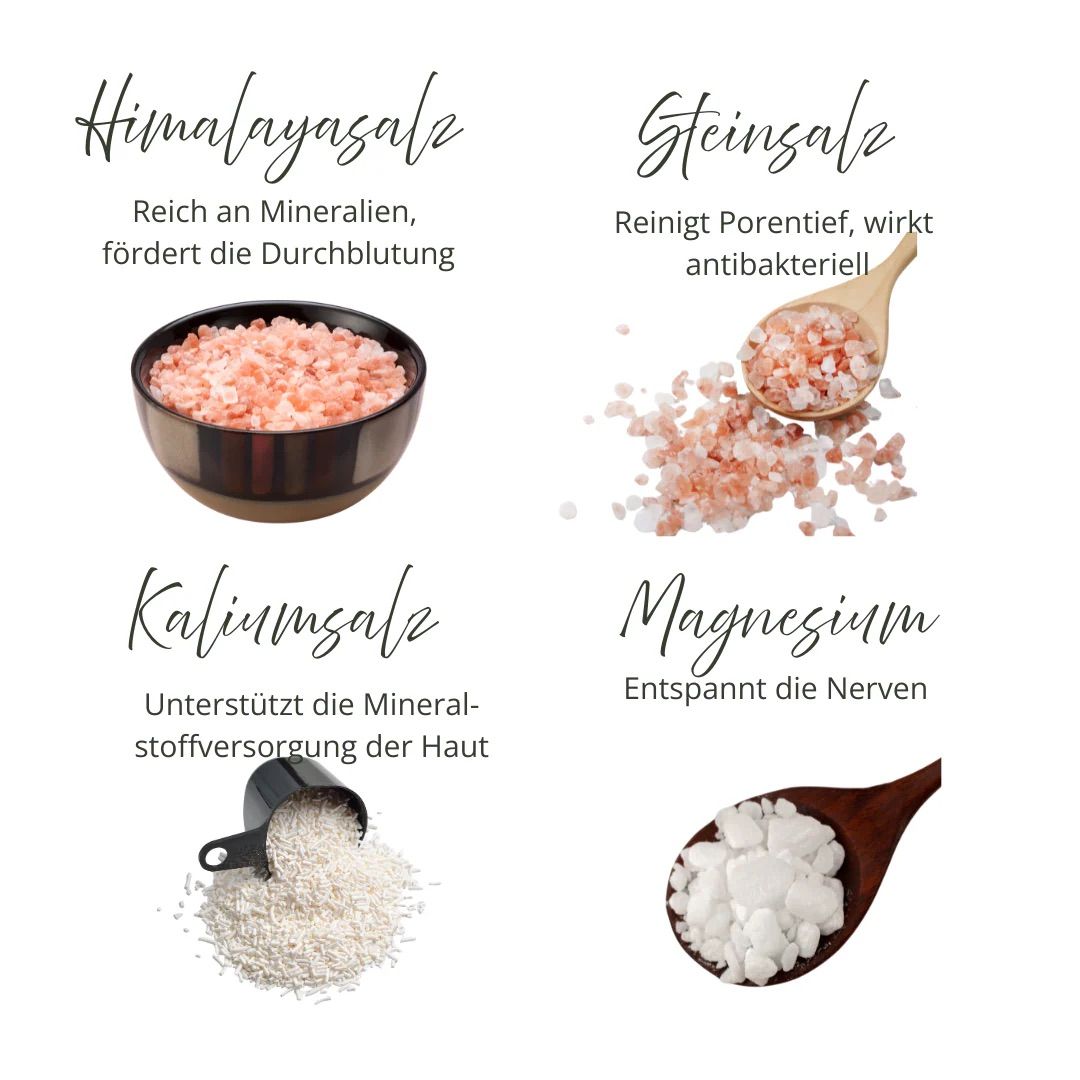 Vier Bilder mit Text. Himalaya-Salz in Schale. Steinsalz auf Löffel. Kaliumsalz in Becher. Magnesium auf Löffel.