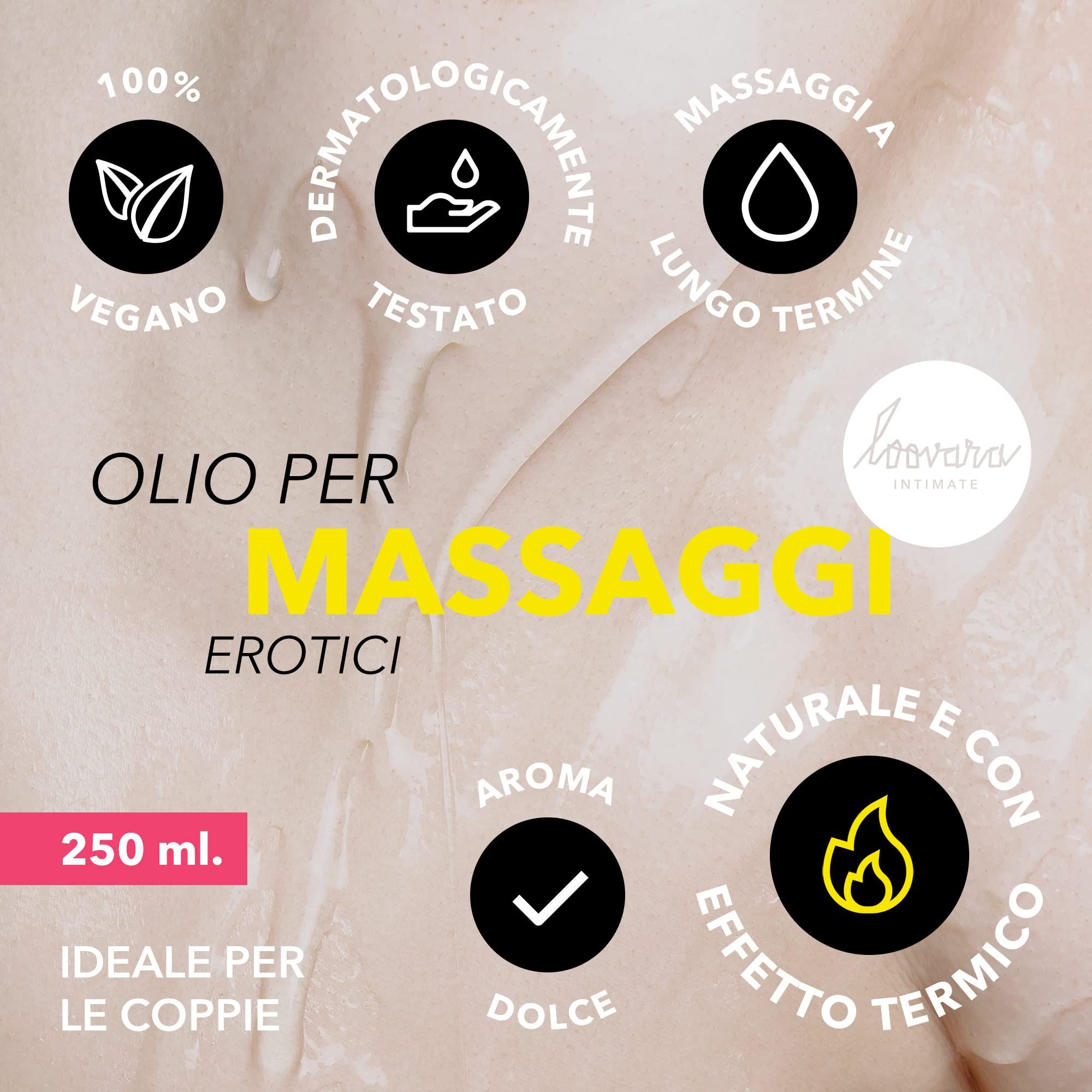 Nahaufnahme von Haut mit Icons: 100% vegan, dermatologisch getestet, für Langzeitmassagen.