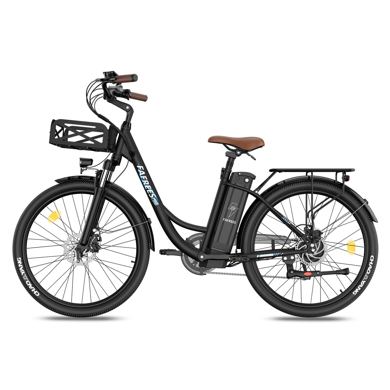 Schwarzes E-Bike mit braunem Sattel und Lenker. Korb vorne, Gepäckträger hinten. Marke Fafrees.