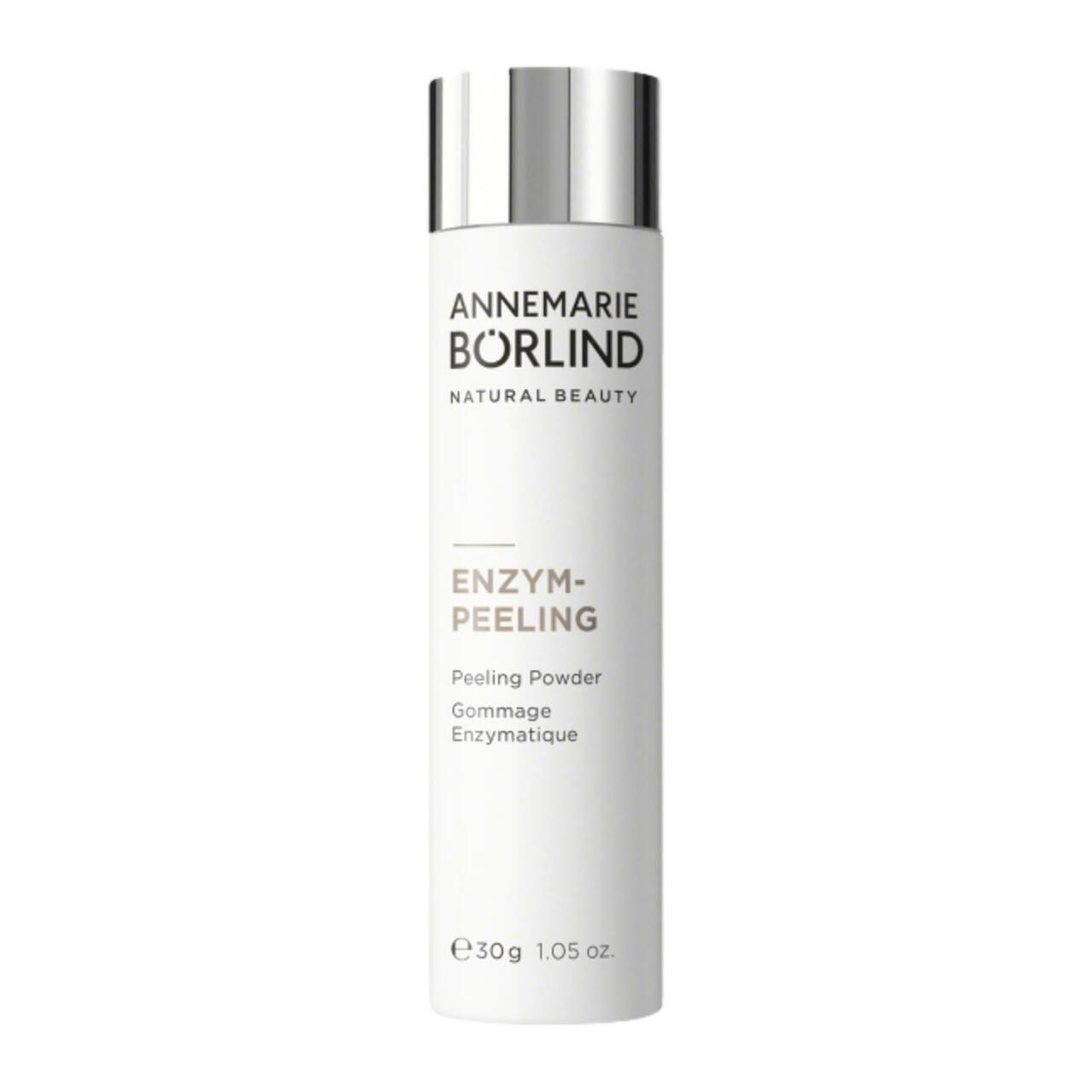 Weiße Tube mit silbernem Deckel. Aufschrift: ANNEMARIE BÖRLIND, ENZYM-PEELING, 30g 1.05 oz.