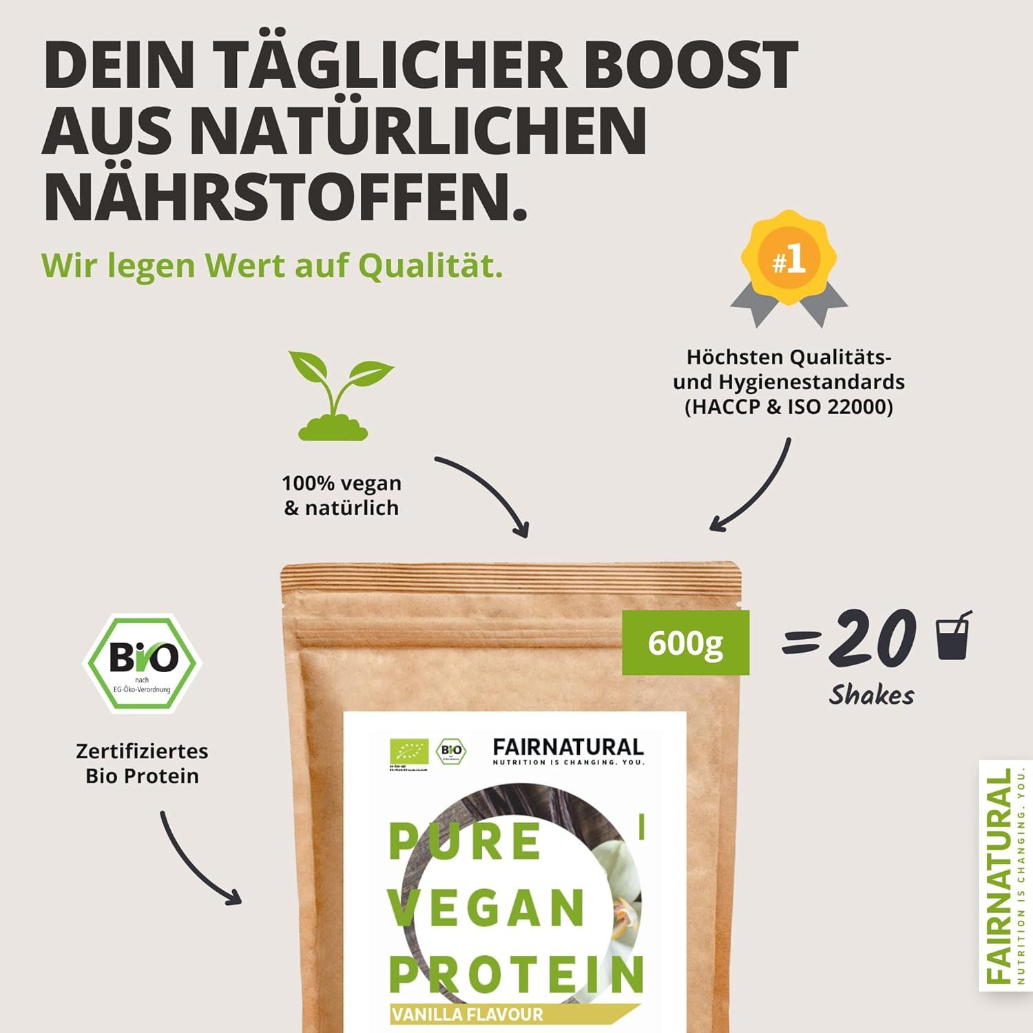 Protein-Pulver-Beutel mit Text: 100% vegan & natürlich, 600g, 20 Shakes, Bio-Zertifizierung, höchste Qualitätsstandards.