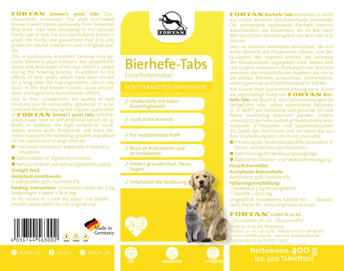 Verpackung mit gelbem Hintergrund. Aufschrift: Bierhefe-Tabs. Illustration: Hund und Katze. Marke: FORTAN. Text in Deutsch.