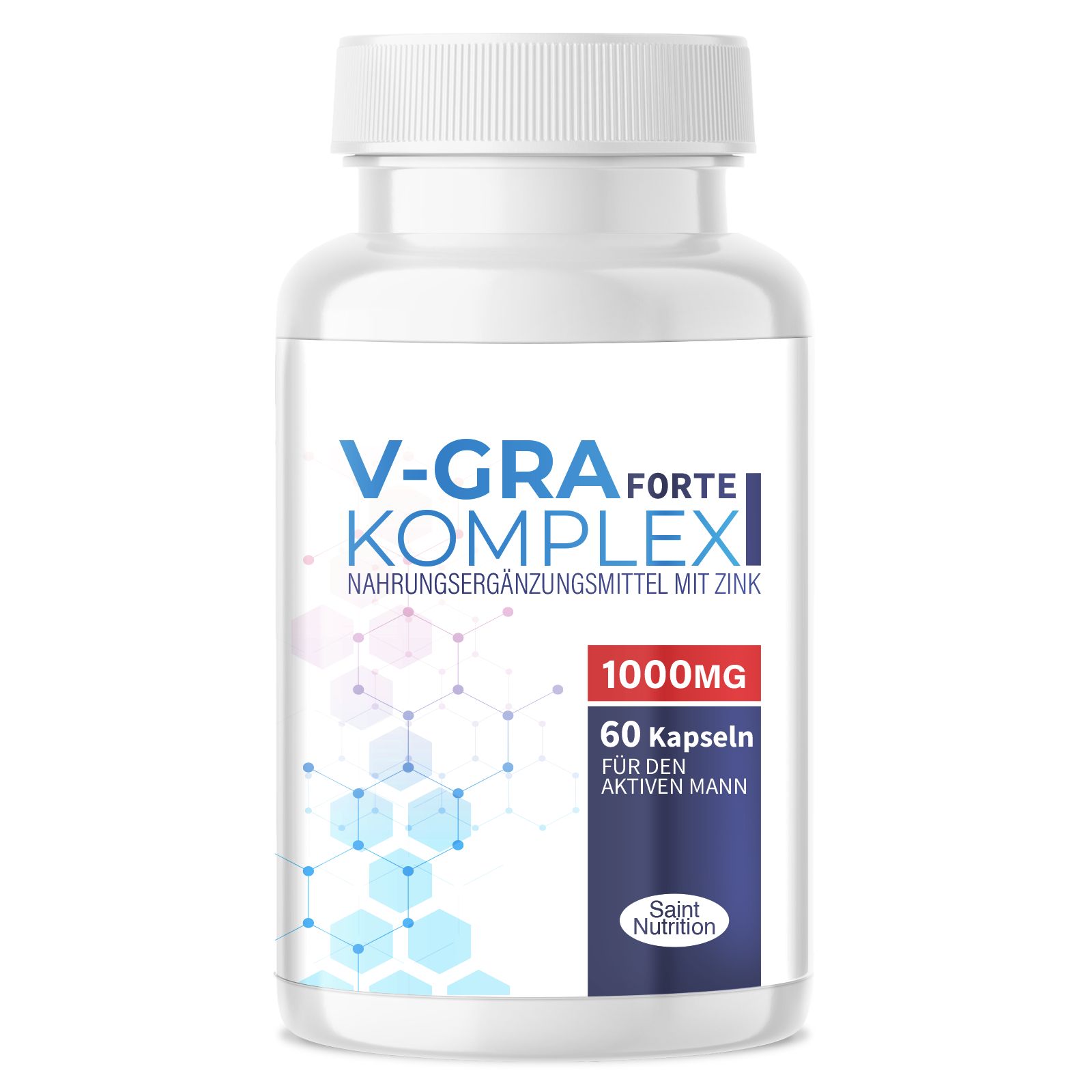 Weiße Flasche mit 'V-GRA Forte Komplex'. Text: 1000 mg, 60 Kapseln, für den aktiven Mann. Logo: Saint Nutrition.