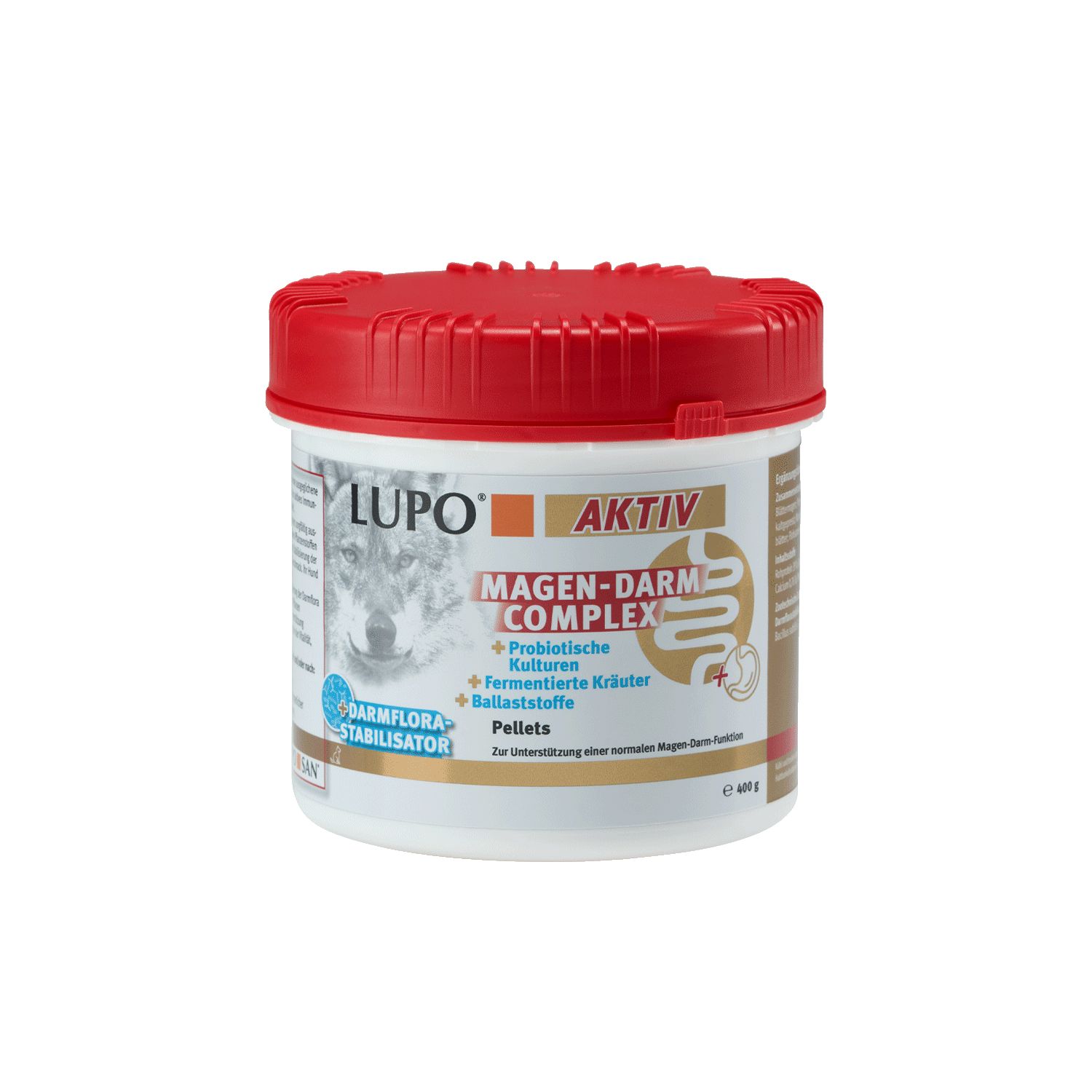 Behälter mit rotem Deckel. Aufschrift LUPO AKTIV Magen-Darm Complex. Enthält Pellets, probiotische Kulturen, fermentierte Kräuter und Ballaststoffe. Darmflora-Stabilisator.