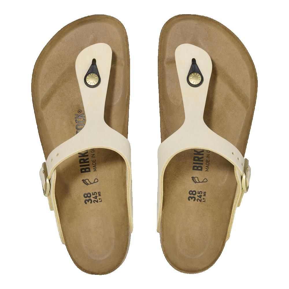 Sandali Birkenstock Gizeh, vista dall'alto, tomaia crema, plantare in sughero, taglia 38.