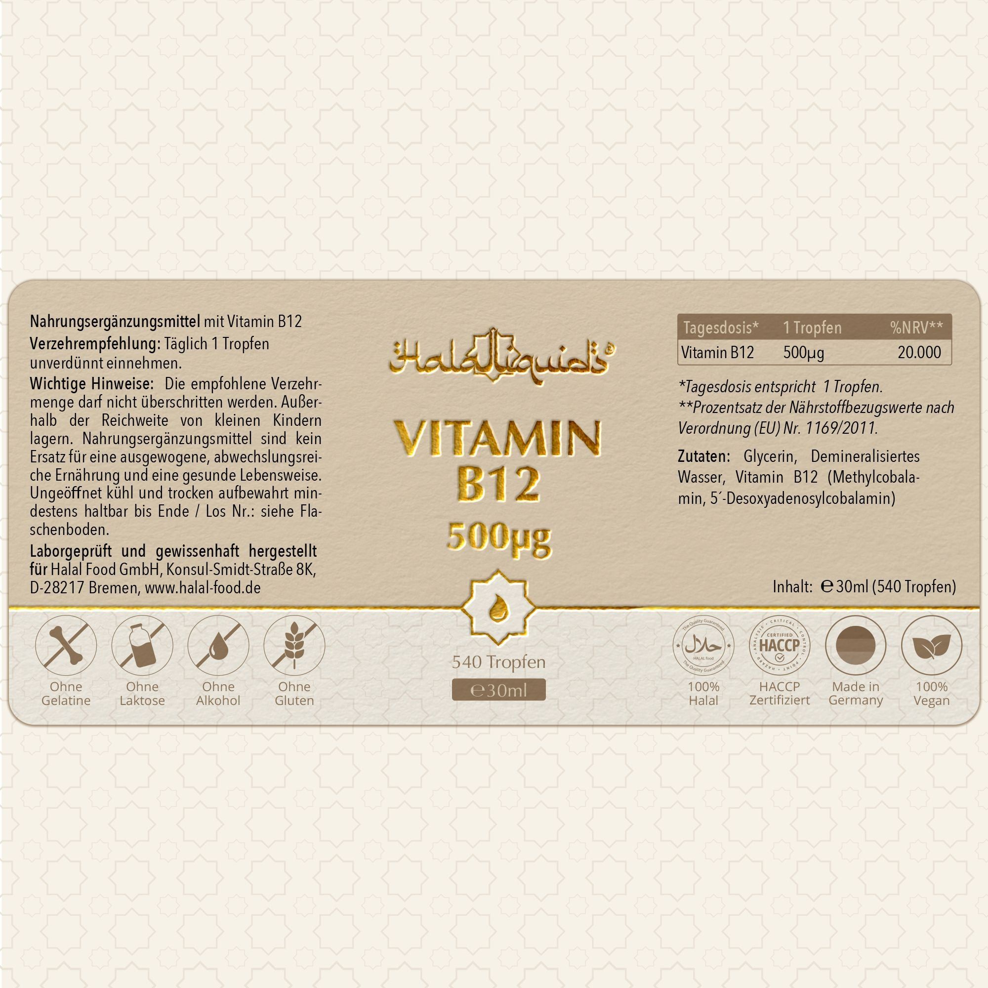Etikett mit Nährwertangaben für Vitamin B12 Tropfen 500µg, 30ml. Halal, HACCP, Made in Germany.