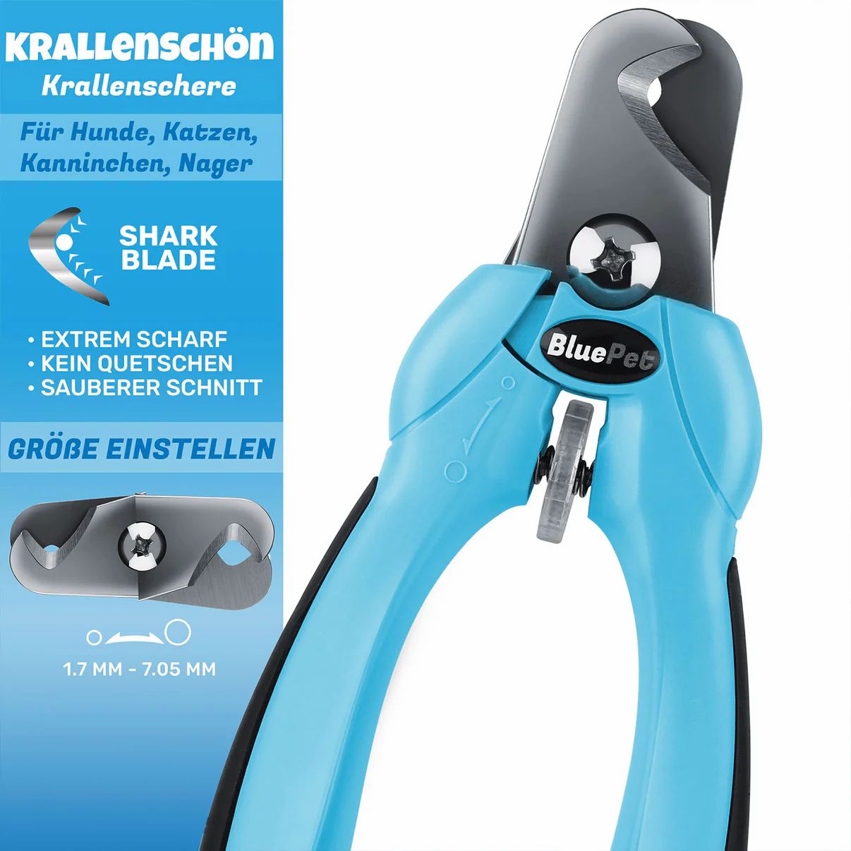 Blaue Krallenschere mit schwarzer Klinge. Einstellbare Größe. Aufschrift: BluePet. Text: Extrem scharf, kein Quetschen, sauberer Schnitt.