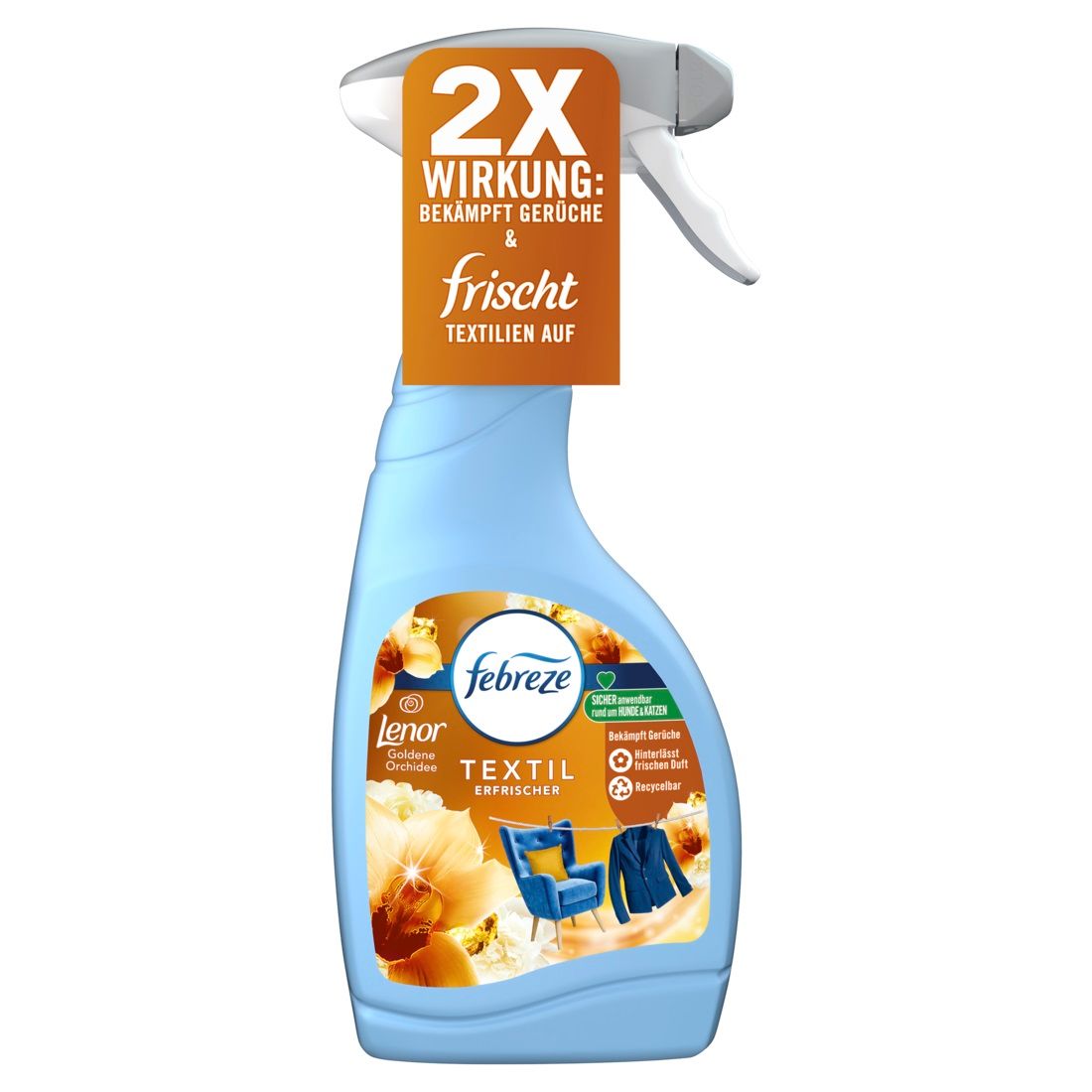Hellblaue Sprühflasche mit weißem Sprühkopf. Aufkleber mit Produktnamen, floralem Design und Text. "2X Wirkung" Text.