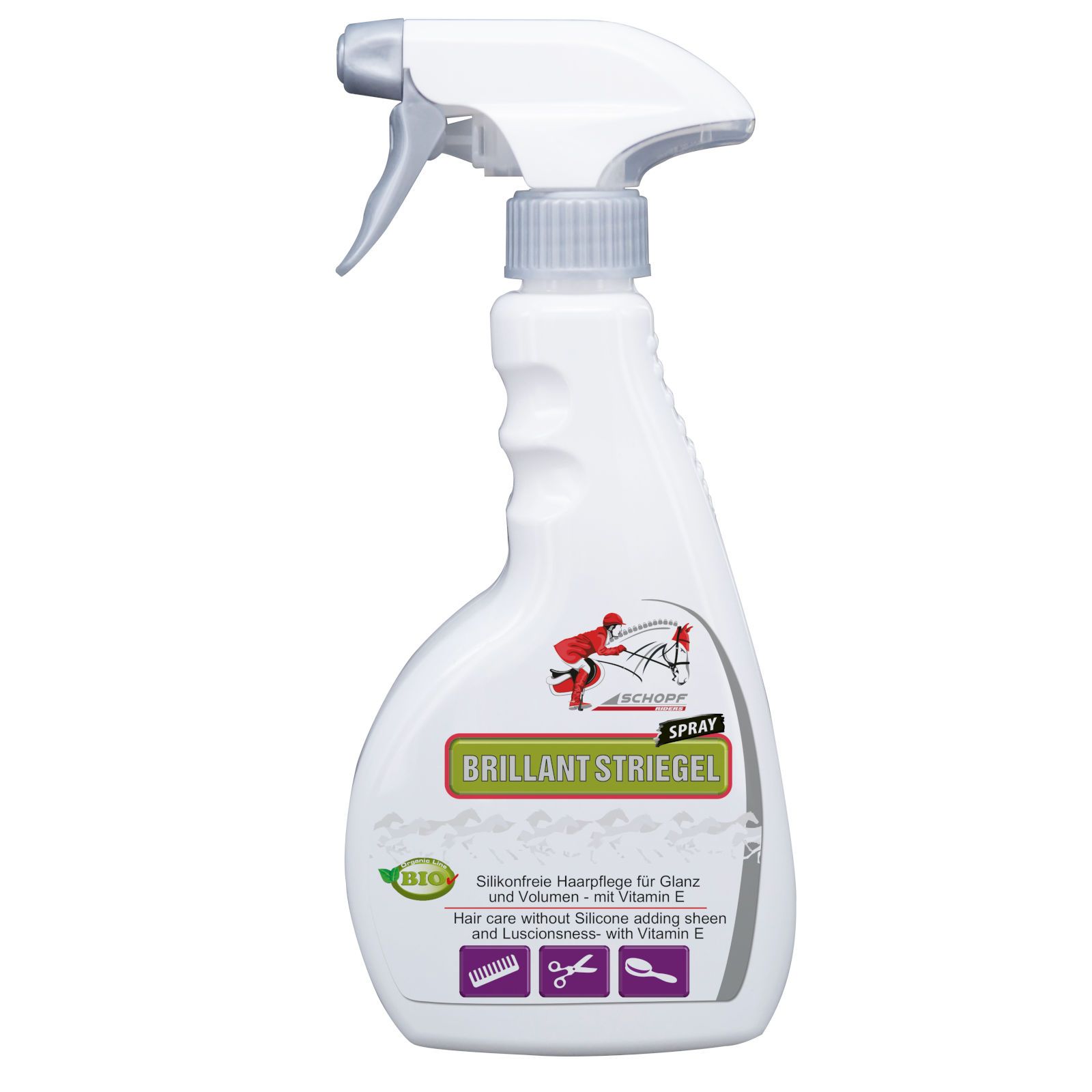 Weiße Sprühflasche mit grauem Sprühkopf. Aufschrift: BRILLANT STRIEGEL. Logo mit Reiter und Pferd. Text: Silikonfreie Haarpflege.