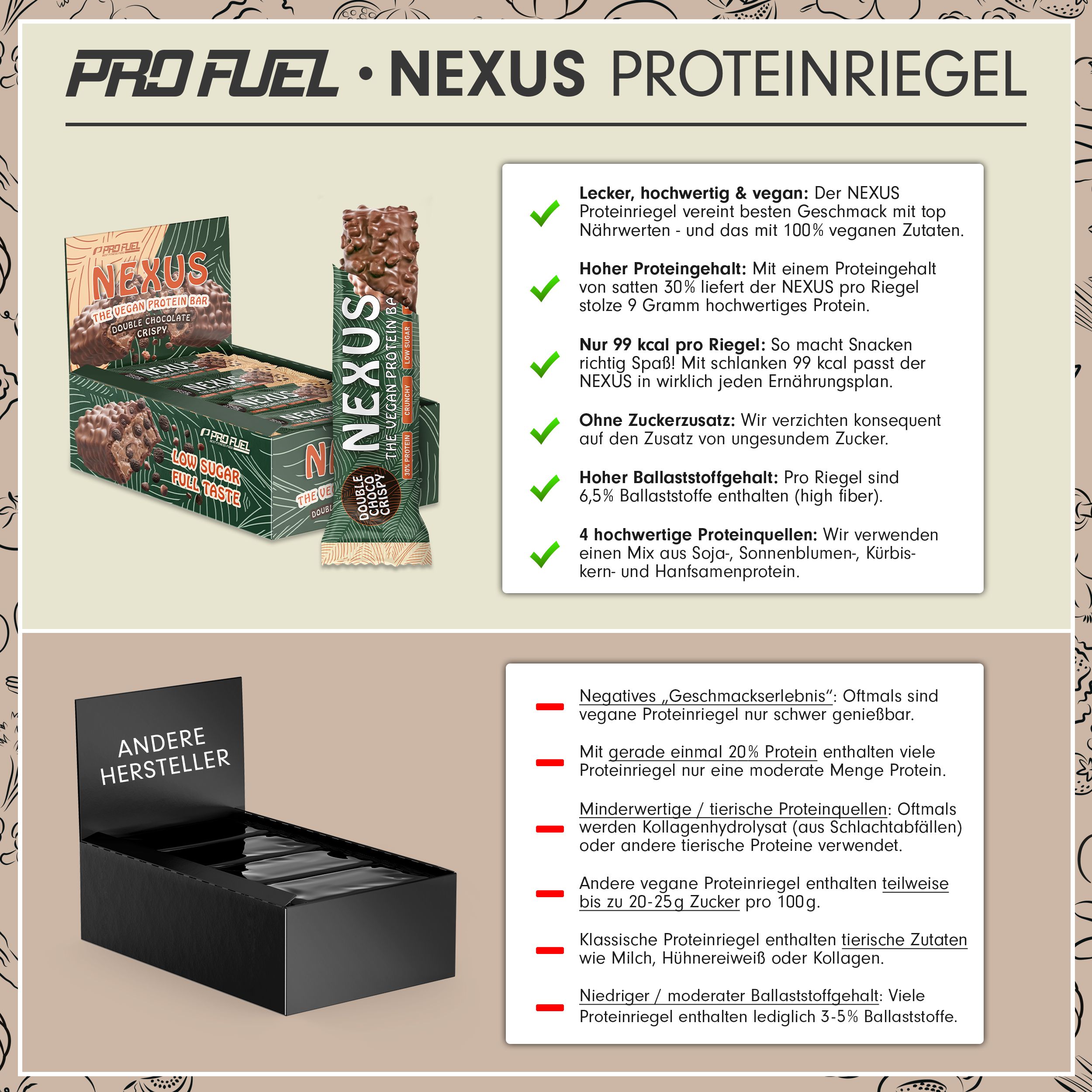 Nexus Proteinriegel: 30% Protein, vegan, Made in Germany, 99 kcal, ohne Zuckerzusatz.