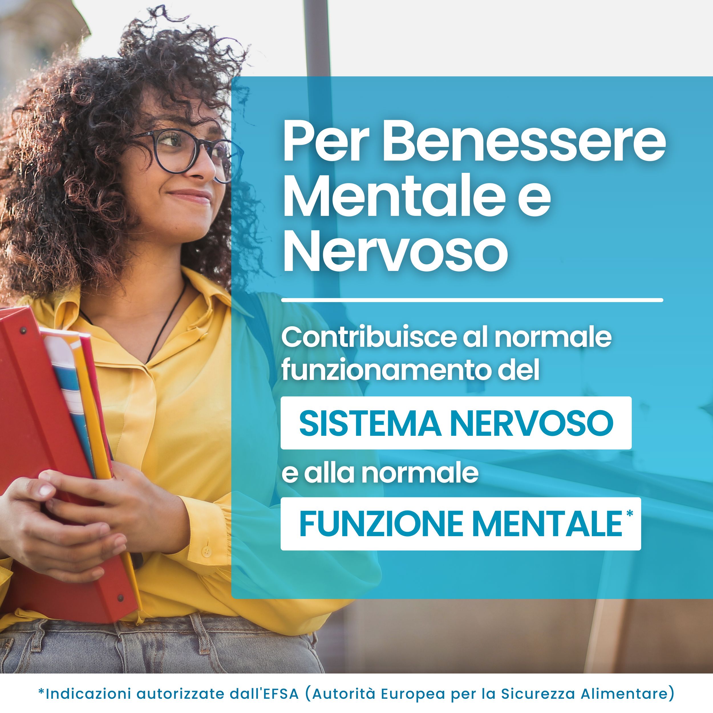Donna con testo: Per Benessere Mentale e Nervoso. Contribuisce al normale funzionamento del SISTEMA NERVOSO.