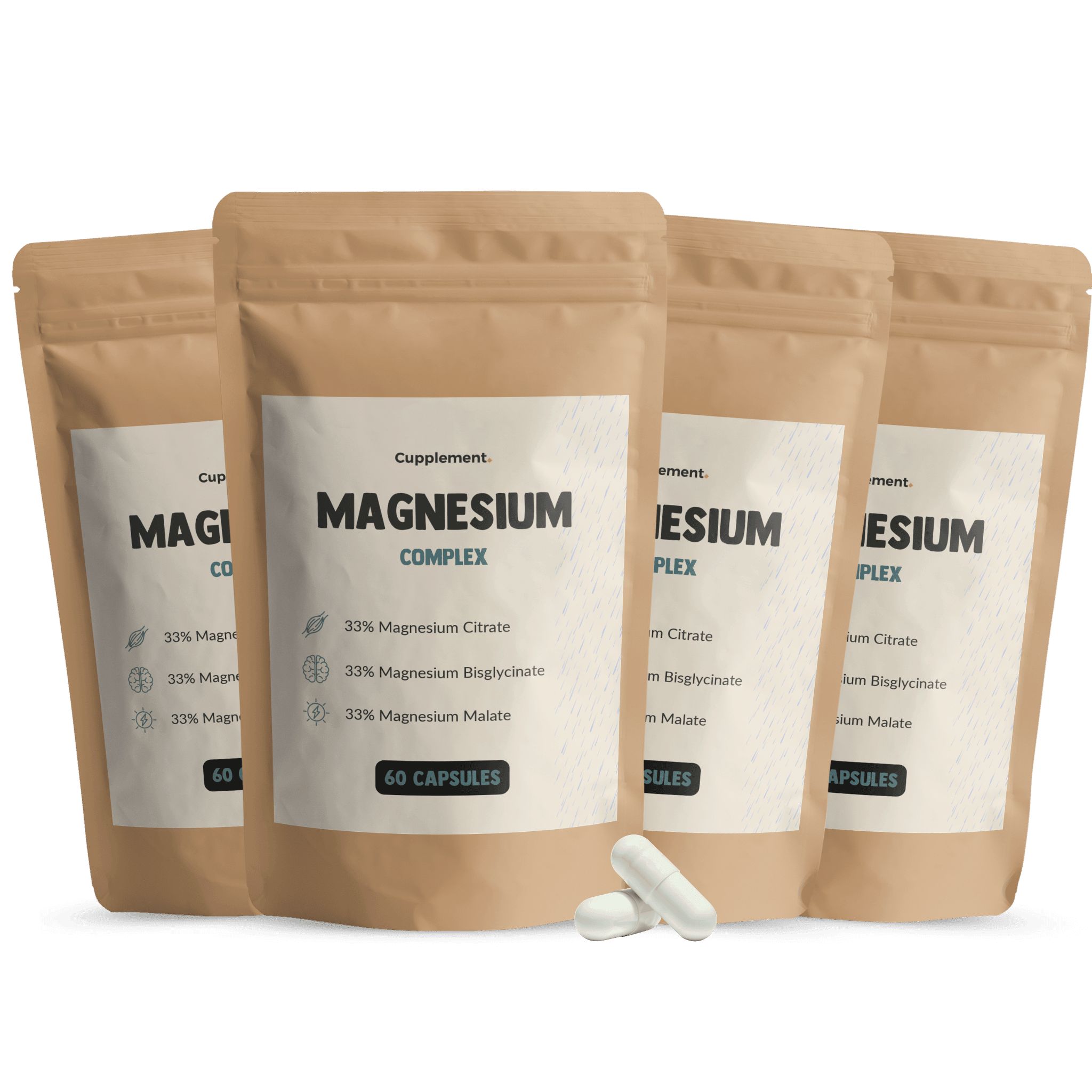 Vier Packungen Magnesium Komplex Kapseln, braun, mit weißem Etikett und 60 Kapseln.