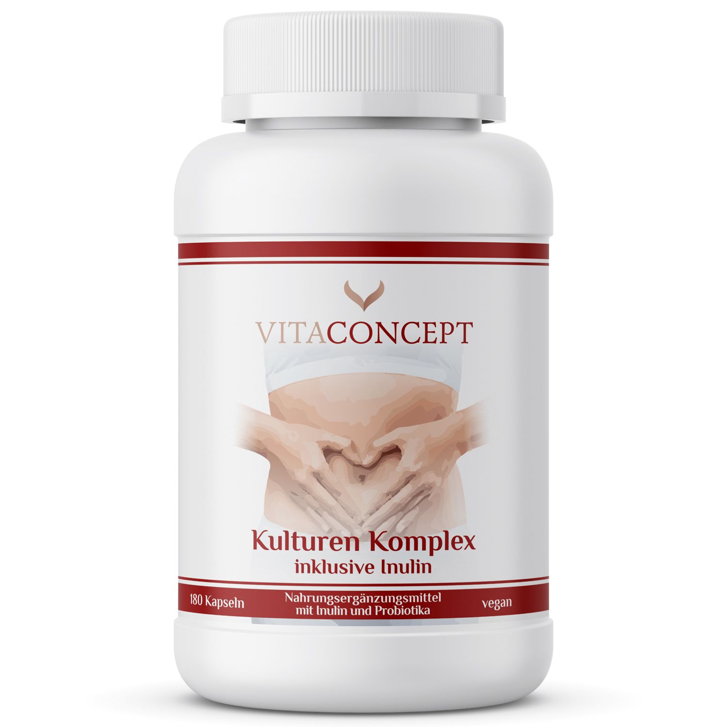 Weiße Flasche mit roter Umrandung. Aufschrift: VITACONCEPT, Kulturen Komplex inklusive Inulin. 180 Kapseln. Vegan.
