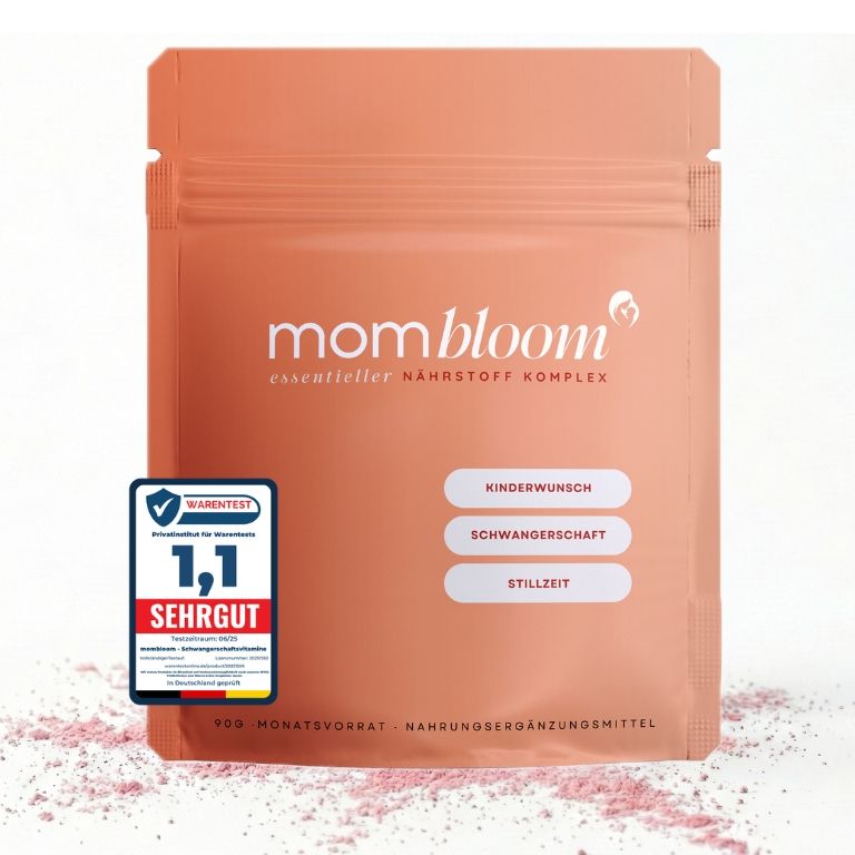 Verpackung von mombloom® Essentials. Logo, Text, Warenzeichen. Für Kinderwunsch, Schwangerschaft, Stillzeit.