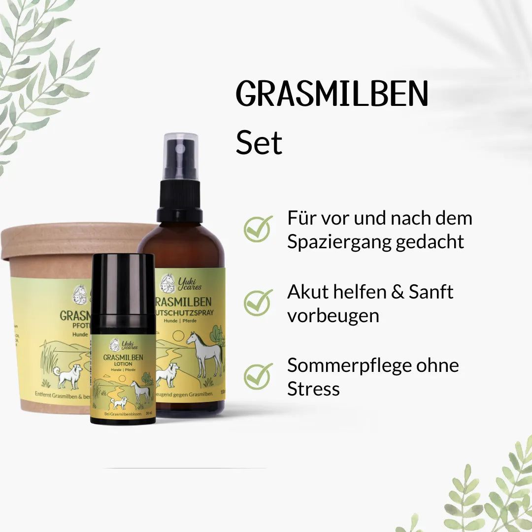 Drei Produkte: Pfotenbad, Lotion und Hautschutzspray. Text: Grasmilben Set. Grüne Häkchen und Text. Grün-gelbes Design.