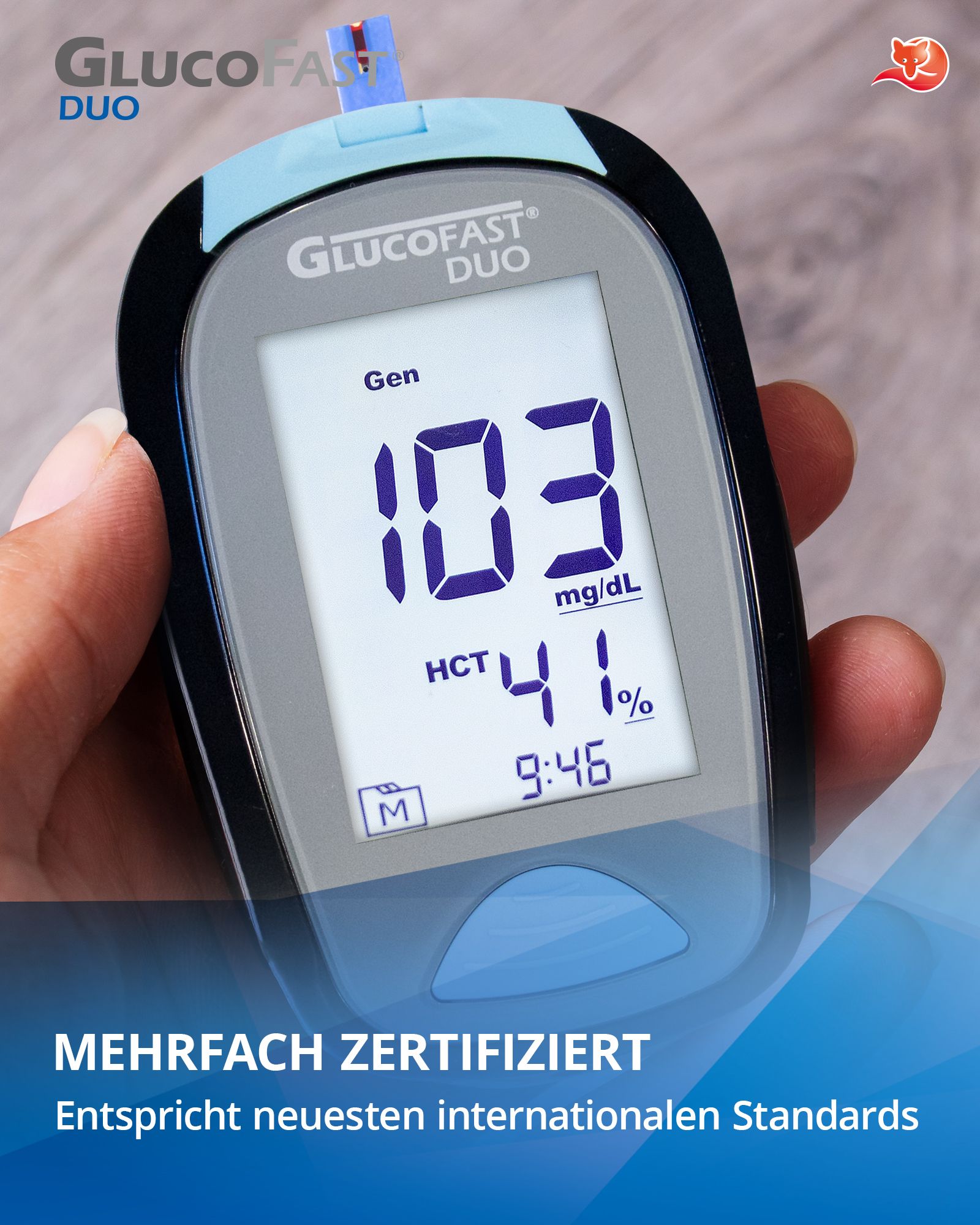 Glucofast® Duo Blutzuckermessgerät Starterset inkl. Teststreifen und Lanzetten  (mg/dL)