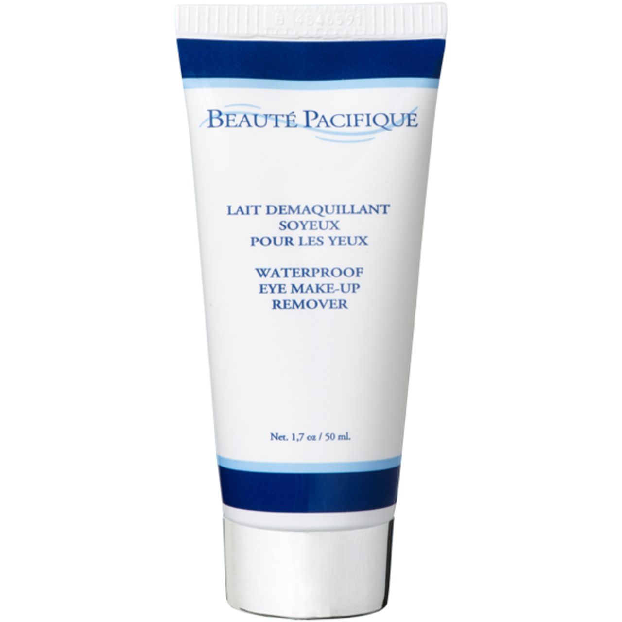 Weiße Tube mit blauem Streifen. Schriftzug: Beauté Pacifique, Lait Démaquillant Soyeux, Waterproof Eye Make-Up Remover.