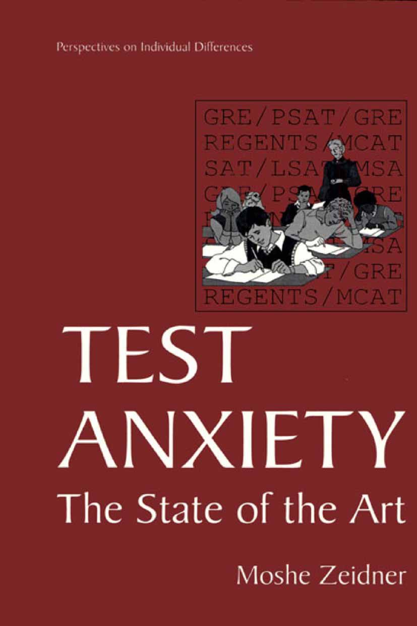 Buchcover mit Titel "Test Anxiety". Illustration von Personen, die Tests schreiben. Autor: Moshe Zeidner. Hintergrund: Rot.