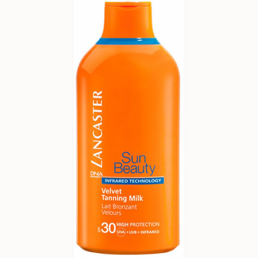 Orangefarbene Flasche mit Lancaster-Logo und Produktbezeichnung. Enthält SPF 30.