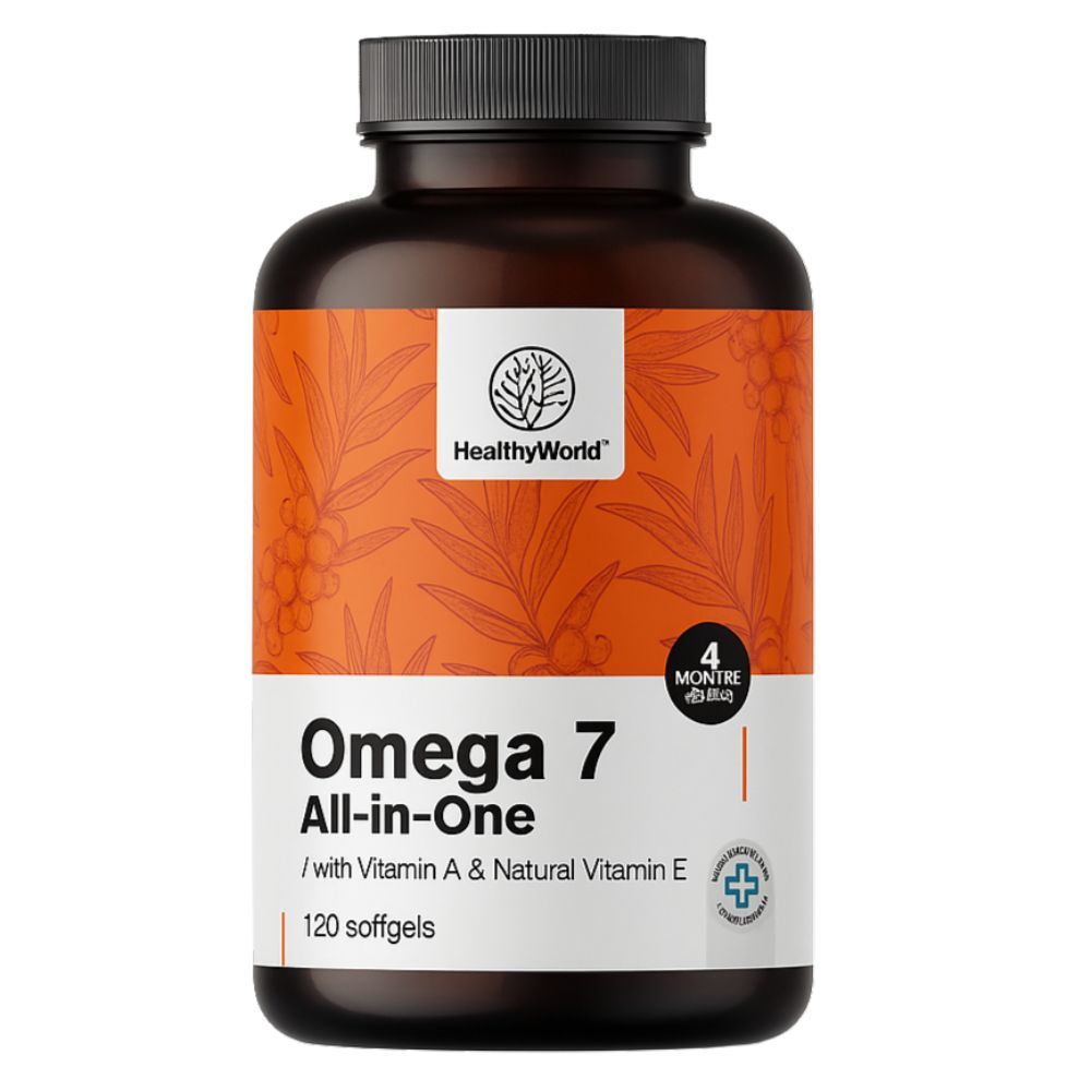 Braune Flasche mit Omega 7 All-in-One Kapseln. Aufschrift: HealthyWorld, 120 Softgels. Mit Vitamin A & natürlichem Vitamin E.