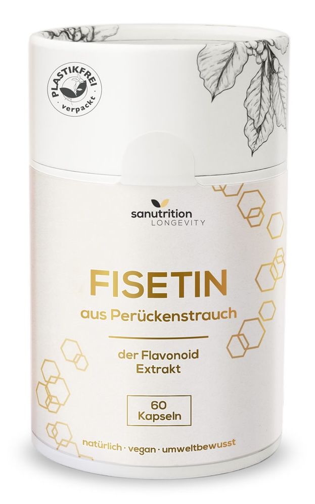 Zylindrische Dose mit Fisetin-Kapseln. Aufschrift: Fisetin, 60 Kapseln, plastikfrei verpackt. Marke: Sanutrition.