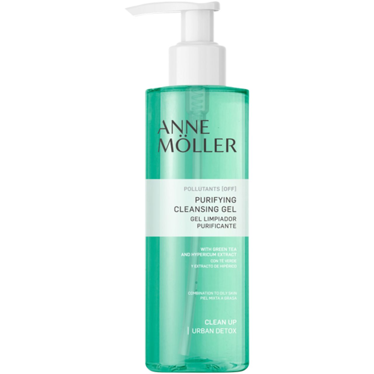 Anne Möller Clean Up Purifying Cleansing Gel. Grüne Flasche mit weißem Pumpverschluss. Text: Purifying Cleansing Gel, Urban Detox.