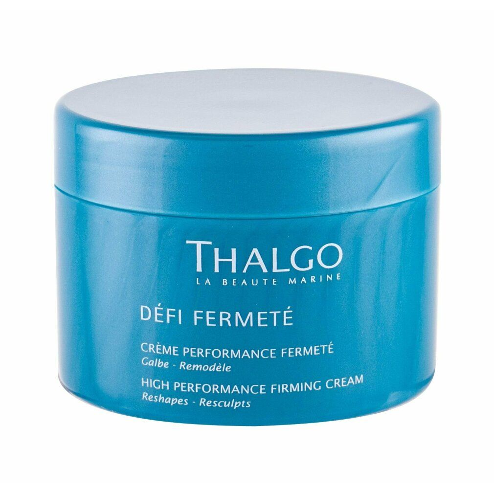 Geschlossener, türkisfarbener Tiegel mit weißem Deckel. Aufschrift: THALGO, DÉFI FERMETÉ, High Performance Firming Cream.
