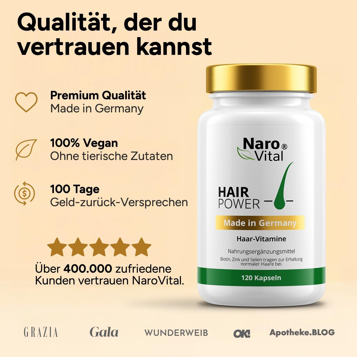 Weiße Flasche mit goldfarbenem Deckel. Text: Naro Vital Hair Power, 120 Kapseln. Logos: 100% Vegan, Made in Germany, u.a.
