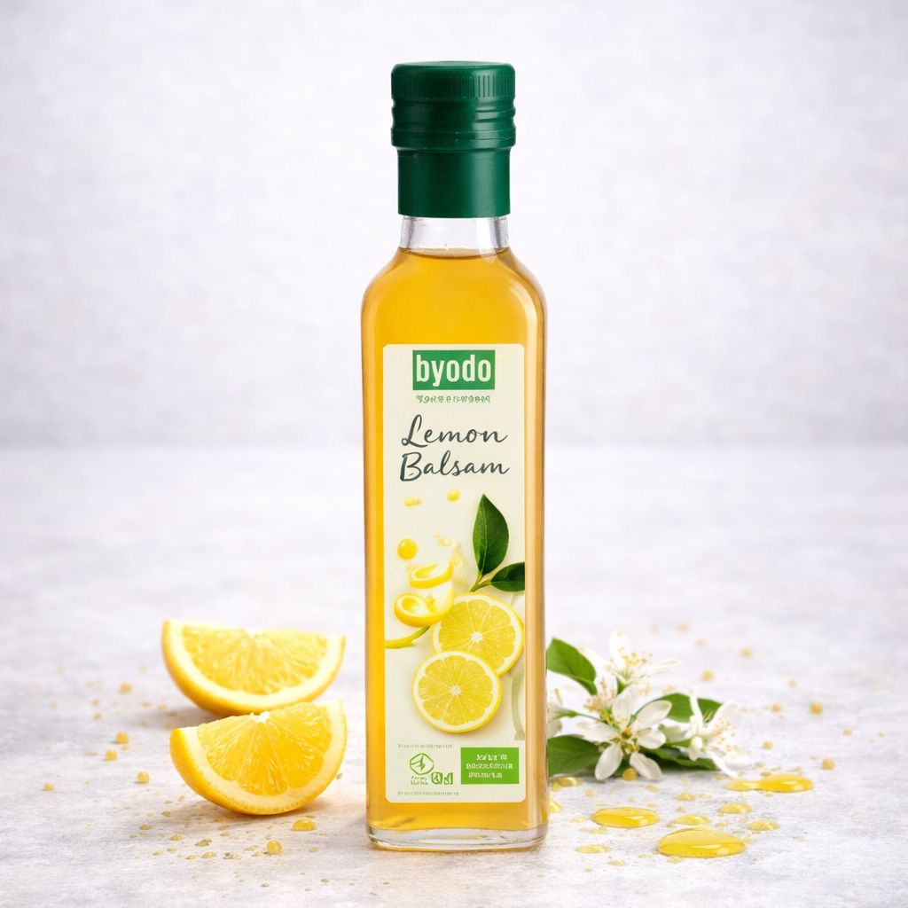 Flasche BYODO Zitronen Balsam, umgeben von Zitronenscheiben, Blüten und Honigtröpfchen auf hellem Untergrund.