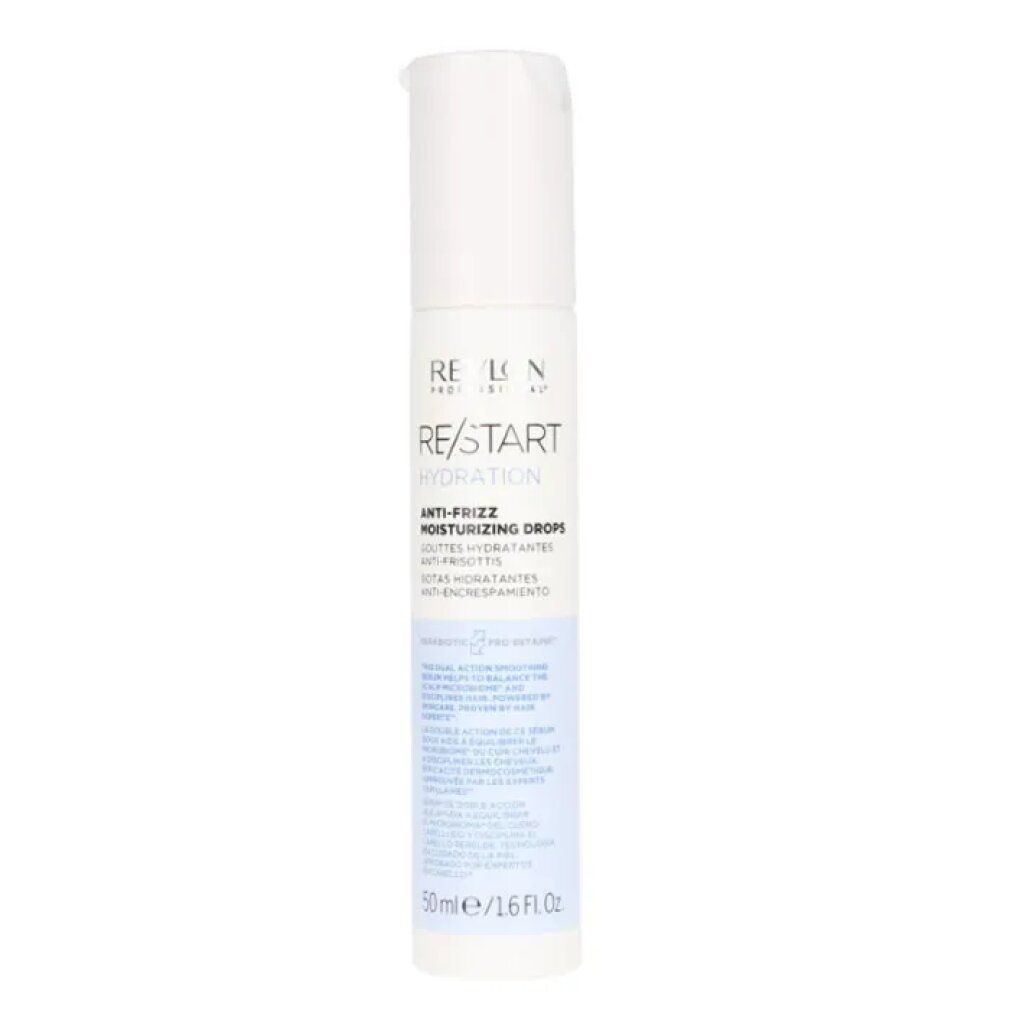 Weiße Flasche mit Produktetikett. Text: RE/START Hydration Anti-Frizz Moisturizing Drops. 50ml/1.6 fl oz.