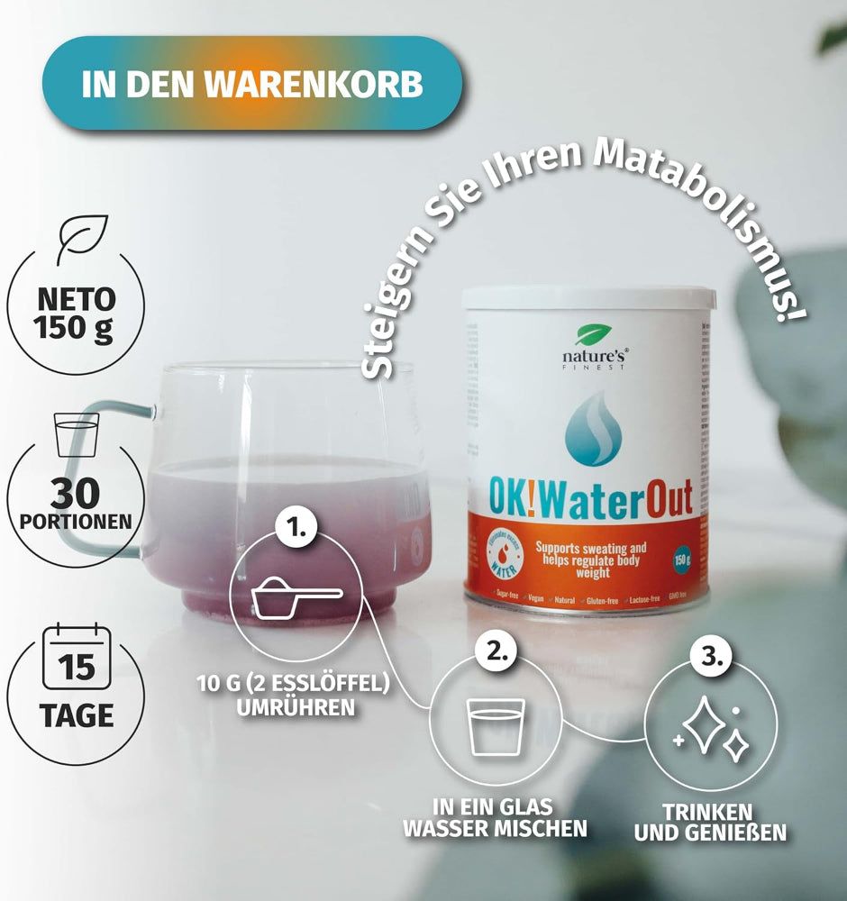 Produkt OK!WaterOut mit Anweisungen. Dose, Glas mit Flüssigkeit, Löffel. Text: 150 g, 30 Portionen, 10 g (2 Esslöffel) umrühren, in Glas Wasser mischen.