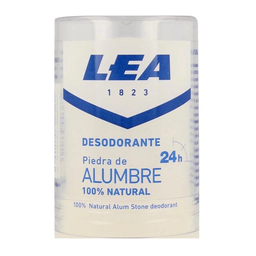 LEA Alum Stone Deodorant Stick. Weißer Stick in transparenter Hülle. Aufschrift: DESODORANTE PIEDRA DE ALUMBRE 100% NATURAL.