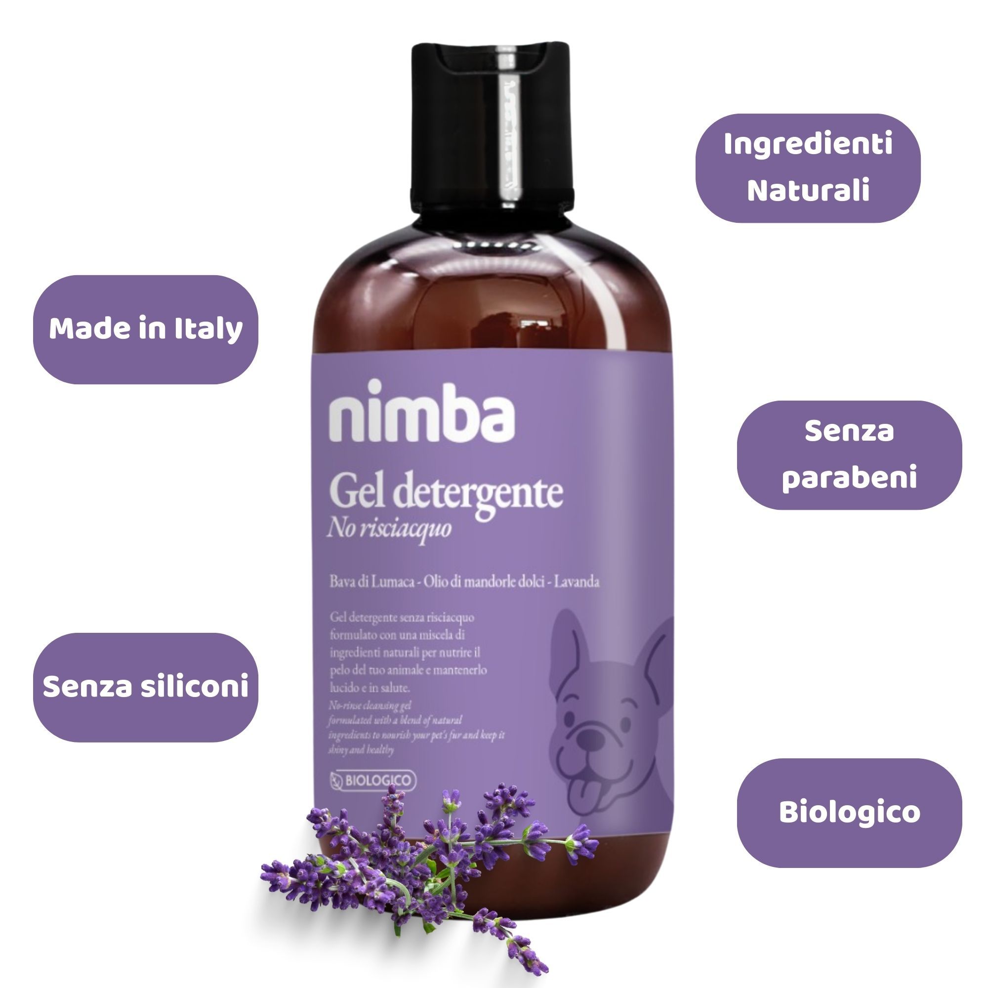 Flasche Nimba Gel Detergente, lila Etikett, Aufschriften: Ohne Silikone, Ohne Parabene, Biologisch, Made in Italy, Inhaltsstoffe.
