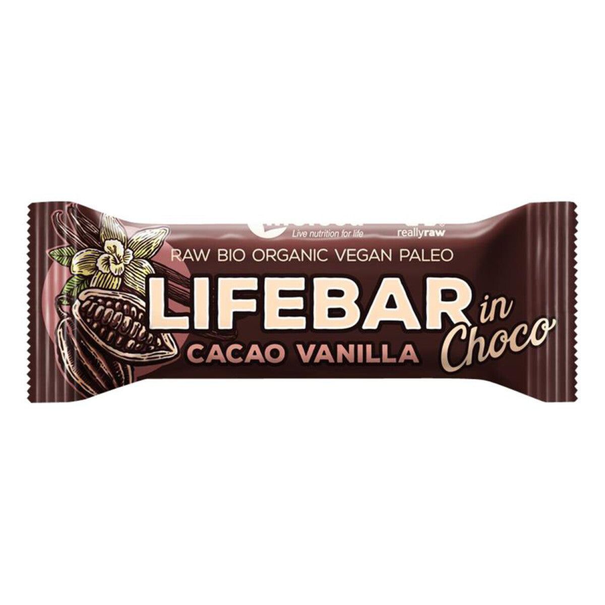 Riegel in brauner Verpackung. Aufschrift: LIFEBAR in Choco, Cacao Vanilla. Illustration von Kakaobohne und Vanilleblüte.