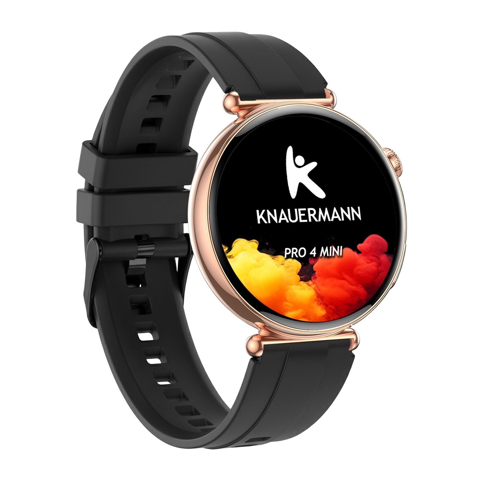 Smartwatch mit rundem Zifferblatt, schwarzem Armband und roségoldfarbenem Gehäuse. Auf dem Display: Logo und Schriftzug PRO 4 MINI.
