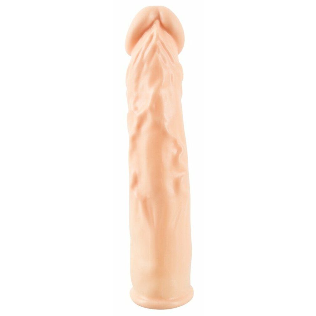 Beige Silikon-Penishülle. Geformt wie ein Penis mit geriffelter Oberfläche.