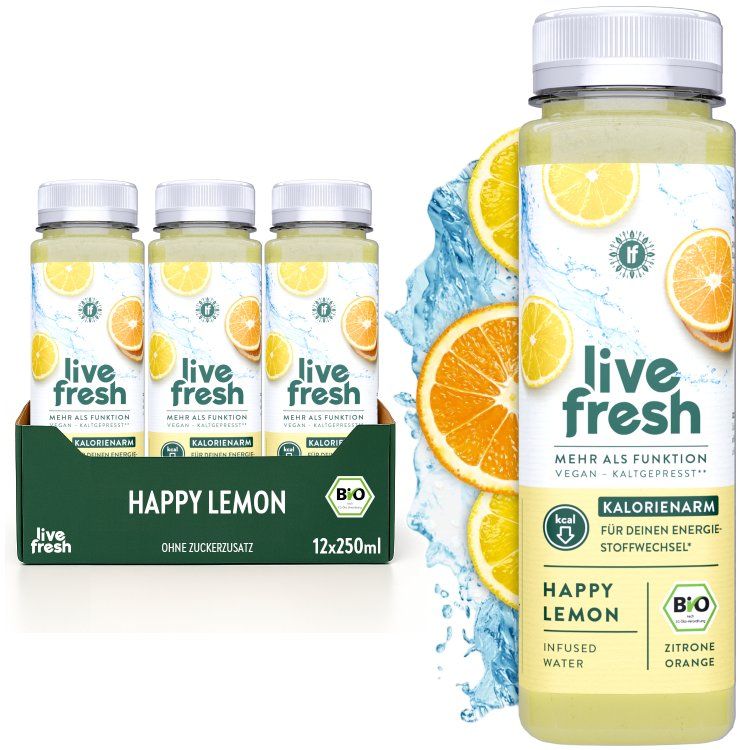 LiveFresh Happy Lemon: Flaschen mit Zitronen-Orangen-Getränk. 12x250ml Packung. Bio-Siegel, kalorienarm.
