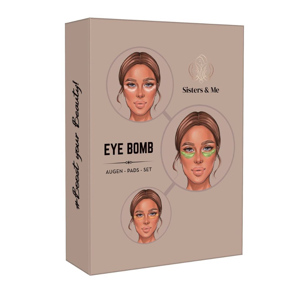 Kartonverpackung mit Abbildung von Augenpatches. Aufschrift: EYE BOMB, Augen-Pads-Set. Logo: Sisters & Me.