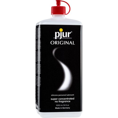 Flasche mit rotem Verschluss. Aufschrift: pjur ORIGINAL. Schwarzer Hintergrund mit weißer, geschwungener Form. Text: silicone personal lubricant, super concentrated, no fragrance.
